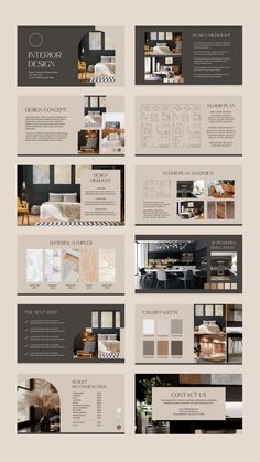 the interior design brochure is shown in grey and beige colors, with an image of