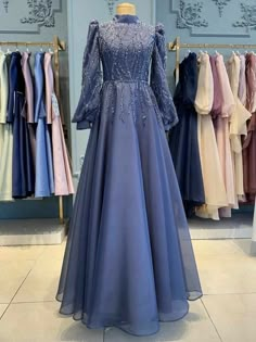 Floral Print Long Gowns, Maxi Dress For Wedding, Muslim Gown, Gaun Dress, Muslim Bridal, Muslimah Wedding Dress, Muslim Evening Dresses, Navy Blue Prom Dresses