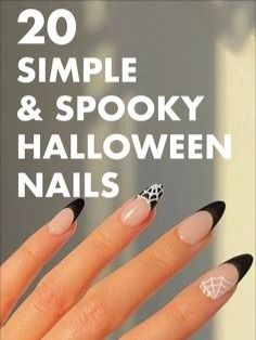 Witch Nails Designs Simple, Halloween Nails On Real Nails, Cute Easy Diy Halloween Nails, Simple Acrylic Halloween Nails, Simple Black And White Halloween Nails, Black N White Halloween Nails, Simple Chic Halloween Nails, Black French Tip Nails With Ghost, Subtle Halloween Nails Black