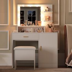 a white vanity with a mirror and stool in a room next to a wall mounted shelf