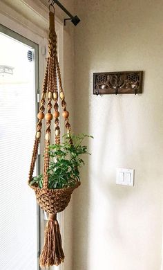 a potted plant hanging from the side of a wall next to a door way