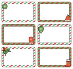 christmas name tags with candy canes and hats on the front, green and red striped background