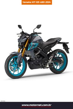 a motorcycle is shown with blue rims on it