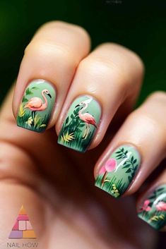 Pastel Flamingo Nails - These cool summer nails feature pastel green shades with adorable flamingos and tropical leaves, making them a must-have for your summer nail inspo. Discover more summer nail designs at nailhow.com. Flamingo Nails