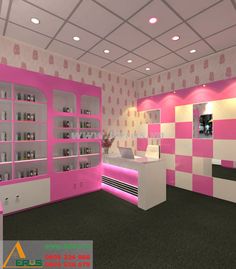 this is a pink and white room with shelves