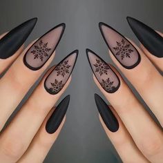 Matte Black Snowflake Nails – Queencloth Flower Nail Designs, Nails Desing, Stick On Nails, Marbling, Holiday Nails, False Nails