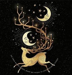 a golden deer with stars and crescents on it's back, in the night sky