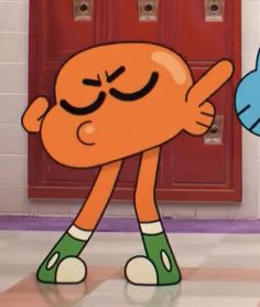 an orange and blue cartoon character standing next to each other in front of a red door