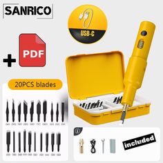 various tools are shown in an open yellow case with the instruction manual on top and below