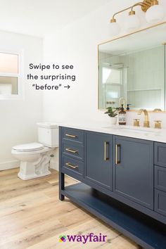 a bathroom with a sink, mirror and toilet in it's own area that says swipe to see the surprising before