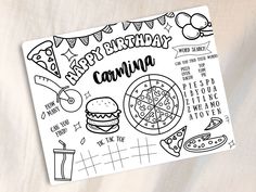 a birthday card with the words happy birthday, pizza and other food items on it