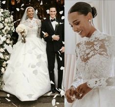 the bride and groom are surrounded by confetti as they walk down the aisle