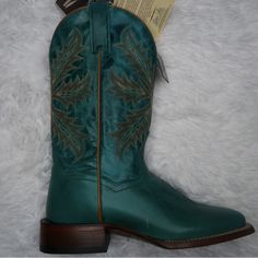 Size 7 Brand New With Tags / Without Box Color Looks Darker In Image But Boots Are A Mix Of Green/Blue Super Cute Boots !! Blue Round Toe Boots With Patina, Blue Western Boots With Almond Toe, Blue Patina Boots With Round Toe, Blue Patina Round Toe Boots, Blue Leather Boots For Ranch, Western Style Blue Boots With Square Toe, Turquoise Leather Boots With Round Toe, Blue Western Almond Toe Boots, Green Western Boots For Rodeo