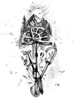 an ink drawing of a bicycle with trees and mountains in the background