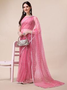 Pink & silver-toned sareeEmbroidered saree with embroidered borderThe saree comes with an unstitched blouse pieceThe blouse worn by the model might be for modelling purpose only. Check the image of the blouse piece to understand how the actual blouse piece looks like. Net Sarees, Western Kurtis, Saree Sale, Traditional Indian Outfits, Bandhani Saree, Net Saree, New Launch, Half Saree, Printed Sarees