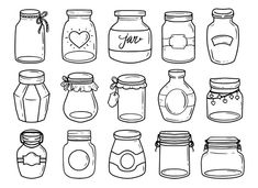 hand drawn mason jars with labels and hearts on the lids, set of twelve doodles