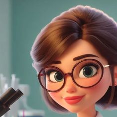 a cartoon character with glasses holding a pipe in front of her face and looking at the camera