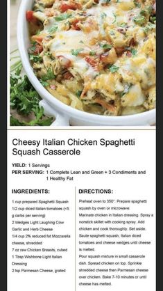 the recipe for cheesy italian chicken spaghetti casserole is shown in this brochure