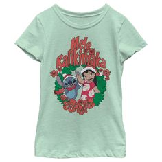 Ohana means family, and that means no tee gets left behind for Christmas with this officially licensed Disney Lilo & Stitch Mele Kalikimaka Christmas Tee! This festive Girls' design features Lilo and Stitch wearing Santa hats and waving from the inside of a holiday wreath. Grab this new graphic tee for the holiday season and celebrate Christmas with style! Lilo And Stitch Shirt, Stitch Family, Stitch Clothes, Mele Kalikimaka, Ohana Means Family, Santa Hats, Stitch Shirt, Disney Lilo, Holiday Wreath