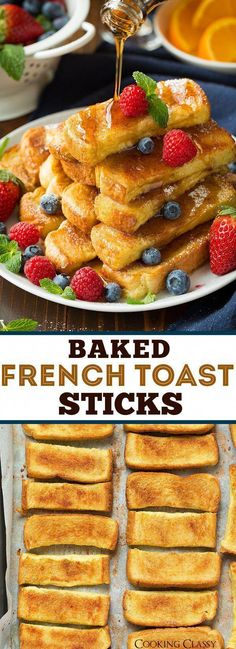 french toast sticks stacked on top of each other with berries and syrup being drizzled over them