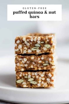 gluten - free puffed quinoa and nut bars stacked on top of each other