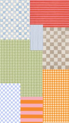 an assortment of different colors and patterns on fabric, including checkerboard or gingham