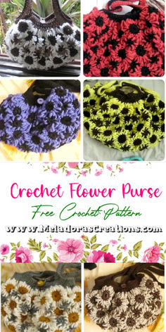 the crochet flower purse is shown in four different colors and sizes, with flowers on