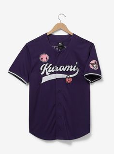 Add some adorably devious fashion to your game day look with this Sanrio jersey! Featuring applique "Kuromi" lettering across the front with embroidered skull and lock details  the back of this baseball jersey includes "Kuromi  00" lettering. With an embroidered patch of the rabbit on one sleeve and a button front  this top is perfect for game days  movie nights  and beyond.A BoxLunch Exclusive!Recycled polyesterListed in unisex sizesWash cold with like colors; dry lowImported Sanrio Clothes, Sanrio Fashion, Embroidered Skull, Alt Clothes, Jersey Jacket, Sanrio Kuromi, Cardigan Sweater Dress, Movie Nights, Sleepwear Sets