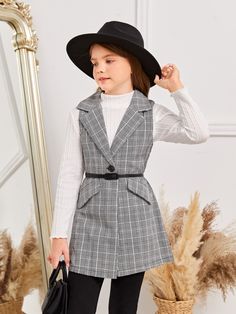 Grey Casual Collar Sleeveless Fabric Plaid Vest Embellished Non-Stretch  Girls Clothing Girls Coats, Solids For Baby, Plaid Vest, Formal Outfits, Glen Plaid, Stylish Clothes, Stylish Clothes For Women