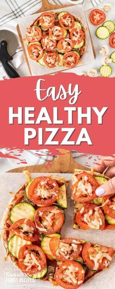 an easy healthy pizza with zucchini and tomatoes on it is ready to be eaten