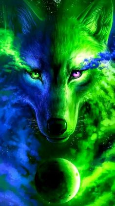 a green wolf with blue eyes and stars in the background