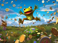 a frog jumping in the air surrounded by coins