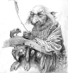 a black and white drawing of a troll holding an arrow