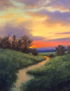 a painting of a sunset over a green field with a path leading to the horizon