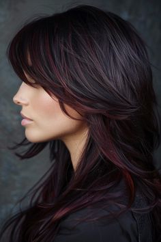 3. Black Cherry Highlights on Brown Hair - Black Cherry Hair Color Ideas - Black Cherry Hair Color Ideas Black Cherry Highlights, Dark Hair With Red Highlights, Copper Highlights On Dark Hair, Dimensional Black Hair, Cherry Highlights, Black Cherry Hair Color, Highlights On Brown Hair, Black Cherry Hair, Bday Hair