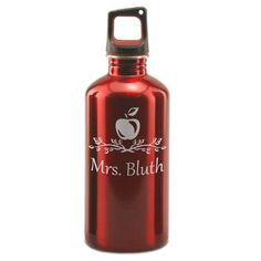 a red stainless steel water bottle with an apple on the front and mrs bluth logo