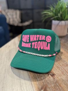 SAVE WATER DRINK TEQUILA 5 Panel high crown OTTO trucker style hat with mesh back panels and an adjustable snap back. (As shown: Kelly Green with Neon Pink Glitter and Custom Name Charm). Save Water Drink Tequila, Save Water Drink, Water Drink, Spring Valley, Save Water, Kelly Green, Pink Glitter, Drinking Water, Trucker Cap