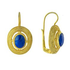 A beautiful piece that exemplifies jewelry art. Georgian-inspired earrings that feature a magnificent oval lapis that is set apart to highlight its beauty. 24k gold vermeil. Size:1 1/8 Inch. Luxury Filigree Oval Earrings, Luxury Oval Lapis Lazuli Jewelry, Gold Oval Lapis Lazuli Jewelry, Oval Gold Lapis Lazuli Jewelry, Gold Lapis Lazuli Pierced Earrings, Gold Pierced Earrings With Lapis Lazuli, Gold Lapis Lazuli Earrings, Gold Lapis Lazuli Drop Earrings, Luxury Gold Oval Cabochon Earrings