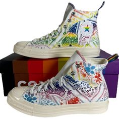 Converse Pride The Converse Chuck 70 Gets Elevated Details To Represent Pride. 50/50 Patchwork Canvas Gets A Rainbow Gradient Star Patch And Rainbow Deco Stitching On The Tongue. An Egret Midsole Grounds The Rainbow Pattern, While An Egret Outsole Gets A Pride Swirl For A Pop Of Colors. Pride Unity Flag Webbing On The Heel Pull Provides Easy On And Off, And Ortholite Cushioning Keeps It Comfortable. All Joined By Family + Unity Branding On The Sockliner, Because We're Strongest When We Stand Tog Retro Style Custom Multicolor Sneakers With Rubber Sole, Retro Multicolor Custom Sneakers With Round Toe, Converse Multicolor Lace-up Sneakers, Multicolor Converse Custom Sneakers For Streetwear, Multicolor Converse High-top Sneakers For Streetwear, Retro Multicolor Converse Sneakers, Multicolor Converse Sneakers, Converse Multicolor Sneakers For Streetwear, Casual Multicolor Custom Converse Sneakers