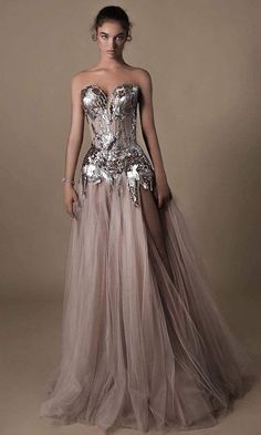 Tarik Ediz - 96039 Strapless Sequin Embroidered Tulle Gown – Couture Candy Tarik Ediz Dresses, Silver Evening Dress, Tulle Embroidery, Tarik Ediz, Fantasy Dresses, Fantasy Gowns, Evening Dress Fashion, Tulle Gown, Fantasy Dress