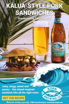 an advertisement for kona brewing featuring a sandwich, beer and a glass of beer