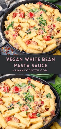 two pans filled with pasta and vegetables