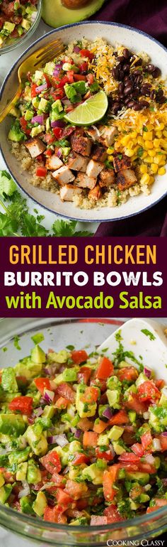 the menu for grilled chicken burrito bowls with avocado salsa is shown