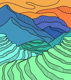 an abstract painting of mountains and hills in blue, green, orange and yellow colors