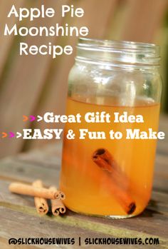 an apple pie recipe in a mason jar with cinnamon sticks and apples on the side