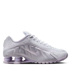 Synthetic upper Perforated panels Shox cushioning Rubber waffle outsole Color: White/Barely Grape/Metallic Platinum Style: HF5076-100 Nike Shox For Women, Nike Shox R4, Cazal Sunglasses, Black Legends, Womens Air Jordans, Easy Rider, Nike Shox, Latest Sneakers, Newest Jordans