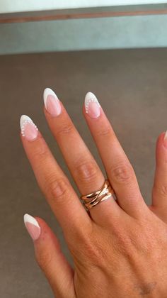 Nails To Go With White Hoco Dress, Hoco French Tips, White French Tip Nails Pearls, Basic Nails That Go With Everything, White Almond Nails With Pearls, Nail Inspo For Wedding, French Tip Hoco Nails, White Nails Fancy, Nail Ideas White With Design