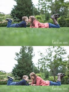 two photos of a mother and her son laying in the grass with their feet on each other