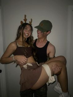 Deer Hunter Couple Costume, Bambi Couple Costume, Hunter And Dear Costumes, Deer Outfit Costume, Hunger And Deer Couple Costume, Doe And Hunter Couple Costume, Couple Animal Costume, Deer And Headlights Costume, Deer And Deer Hunter Costume