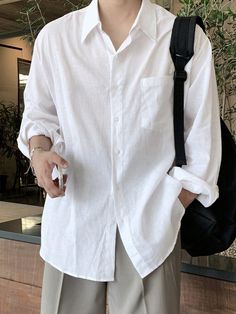 Camisa casual de manga larga para hombre de verano con ajuste cómodo y unicolor Blanco Casual  manga larga Tela tricotada Liso Camisa No-Elástico Primavera/Verano Men Clothing, size features are:Bust: ,Length: ,Sleeve Length: Mens Loose Button Up Shirts, Loose White Shirt Men, White Shirt Men Aesthetic, T Shirt Over Long Sleeve Outfit Men, How To Style White Long Sleeve Shirt, Men White Shirt Outfit, Boxy Shirt Outfit, White Shirt Outfit For Men, Men Shirt Design